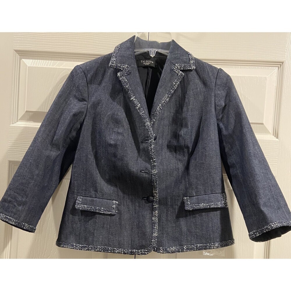 Talbots Dark Blue Denim Jean Jacket Blazer Long Sleeves Collared Three Button 2P